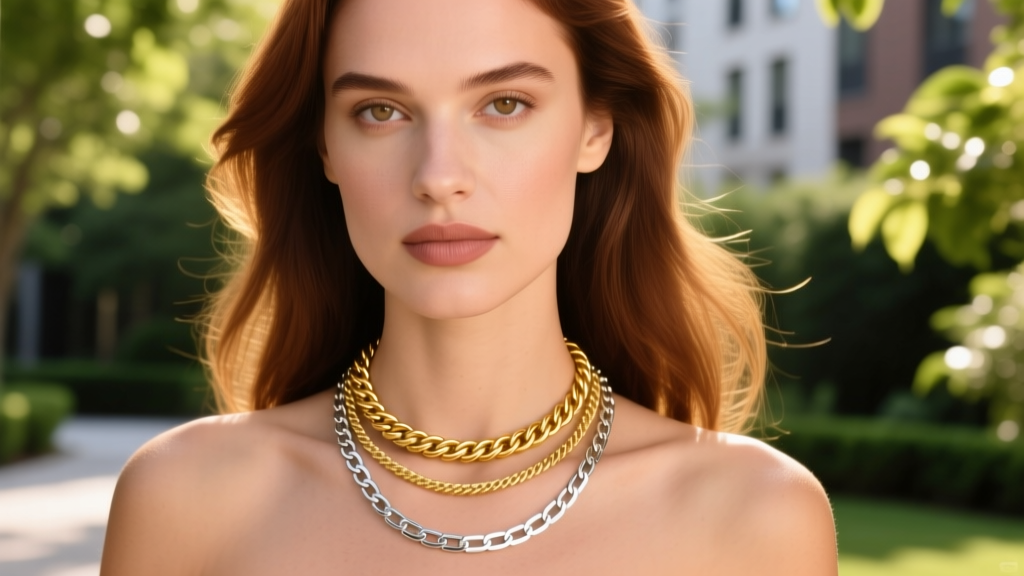 Portrait of a woman wearing a layered necklace stack with a 16-inch gold rope chain and an 18-inch silver box chain outdoors