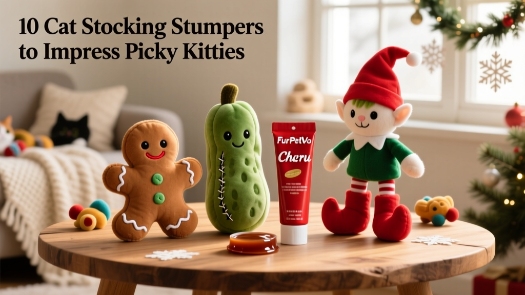 Close-up of three FurPetVo holiday treats: a gingerbread-shaped toy, a plush pickle, and an elf kicker toy arranged beside a tube of Churu-style lickable treat