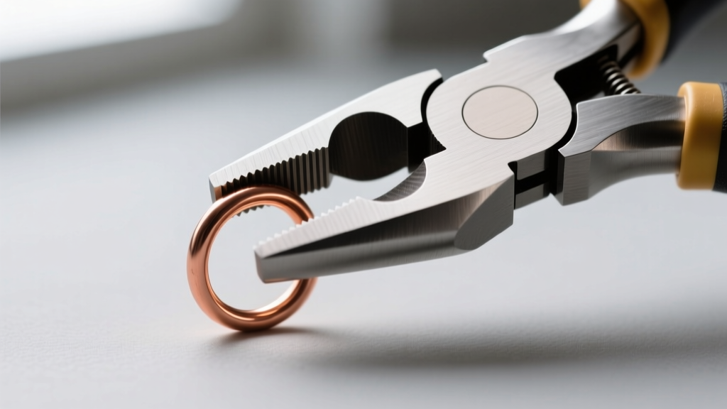 Close-up of premium flat-nose pliers gripping a copper jump ring, showing perfectly flush, non-marring polished steel jaws.