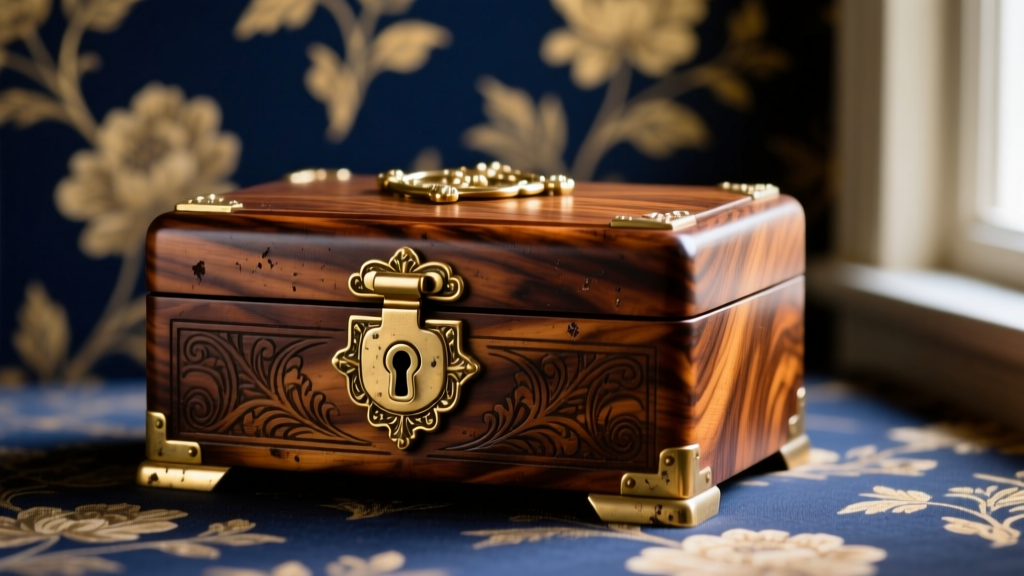 Close-up of a Victorian burl walnut jewelry box brass escutcheon and lock, resting on a dark floral wallpaper background.
