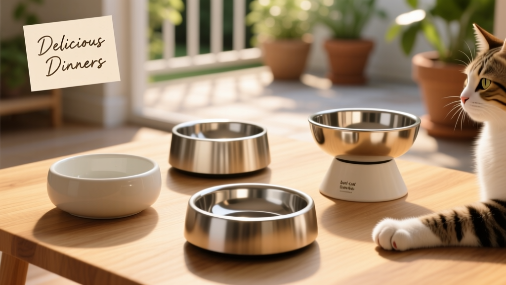 A variety of clean, modern cat bowls arranged on a light wood surface—ceramic, stainless steel, and elevated styles