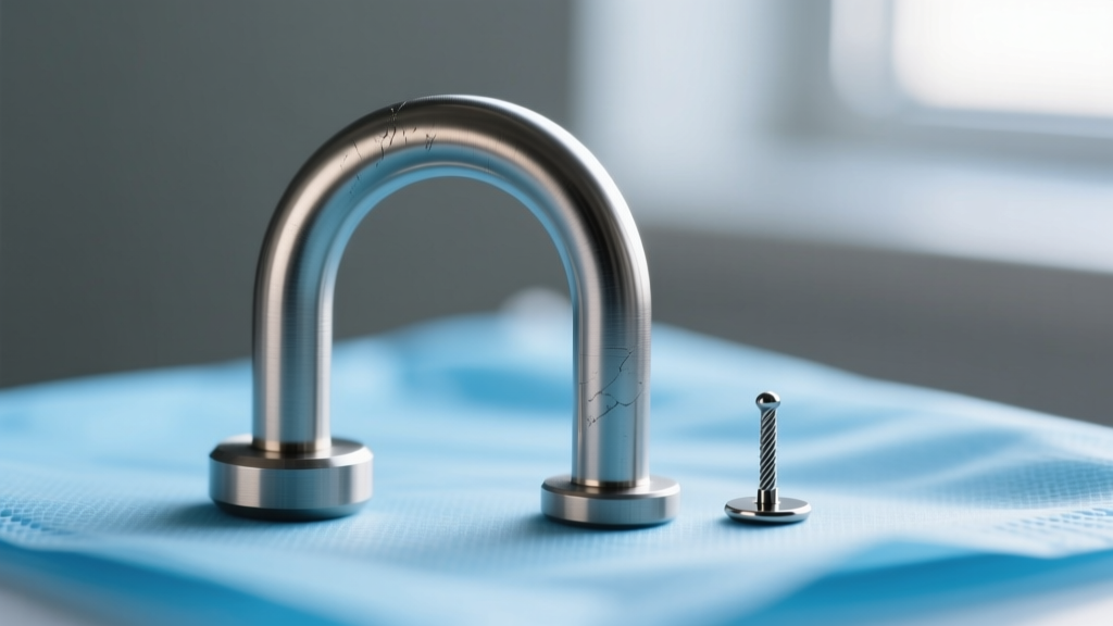 Macro photo of a 120-degree bent titanium surface barbell next to a flat-base microdermal anchor on a sterile blue medical drape