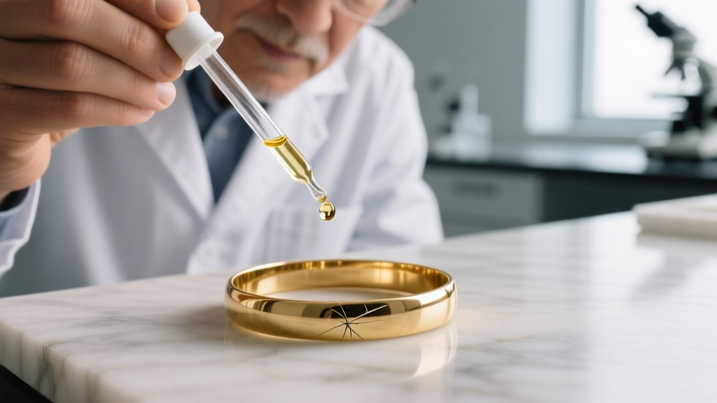 A professional gemologist applying a drop of nitric acid testing solution to a discreet scratch mark on an unmarked gold bracelet.