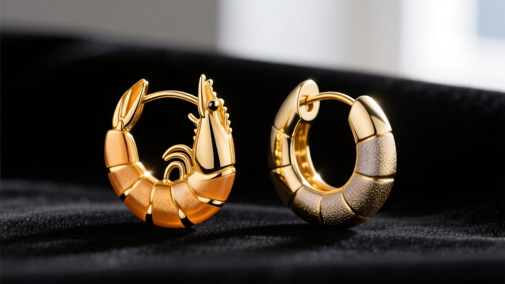 Macro of 18k and 14k gold shrimp hoops side-by-side, showing color depth and reflection differences on a dark velvet backdrop