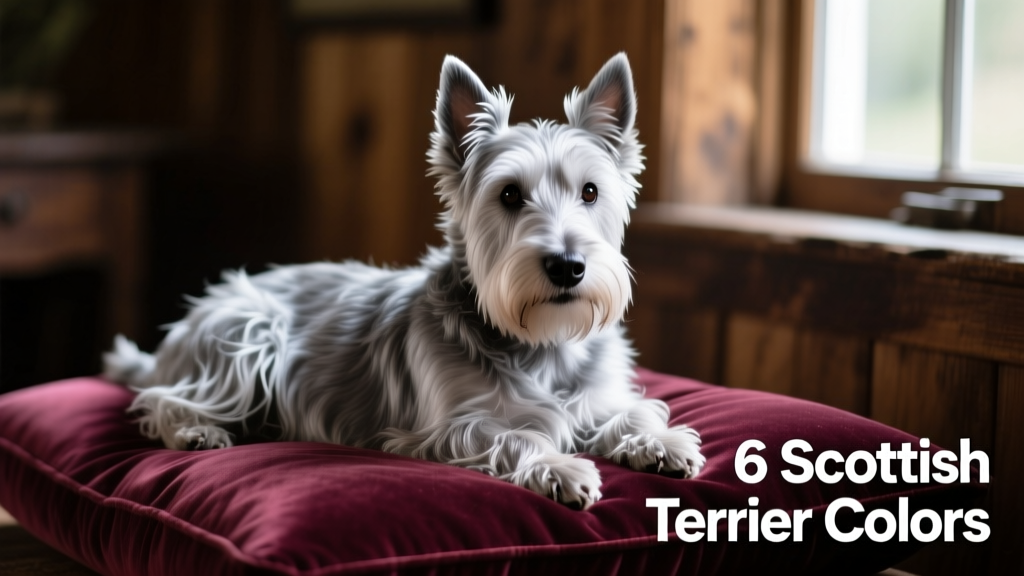 A silver Scottish Terrier resting on a velvet cushion, highlighting the luminous, cool-toned sheen of its wiry coat