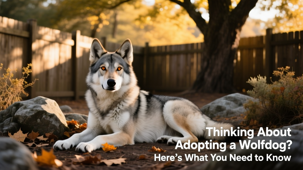 A calm, medium-content wolfdog resting in a natural outdoor enclosure with tall fencing and shaded areas