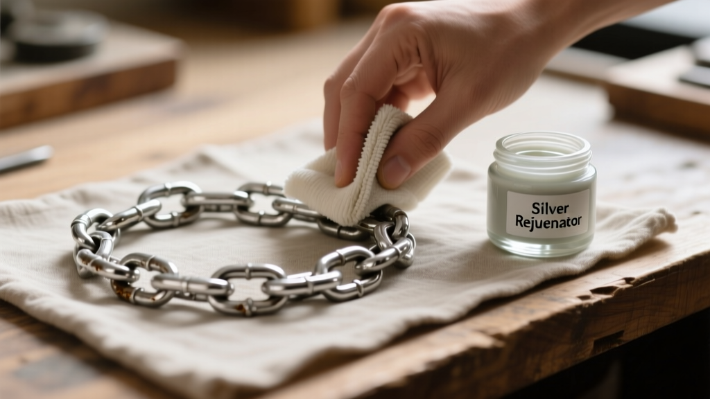 Workbench showing a tarnished silver chain polished by a microfiber cloth, next to a small jar of specialized silver cleaning dip.