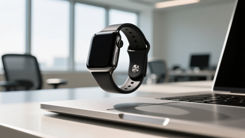 Matte black titanium smartwatch band hovering over an aluminum laptop palm rest, showing micro-clearance to prevent scratches in a sunlit modern office workspace.