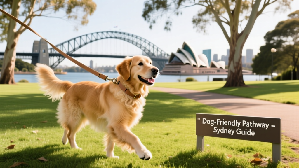 A happy dog on a leash enjoying a sunny day in a grassy park