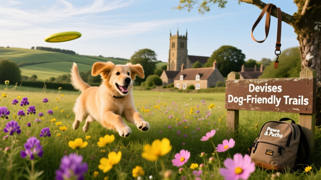 A dog playing joyfully in a sunlit meadow with wildflowers and distant trees