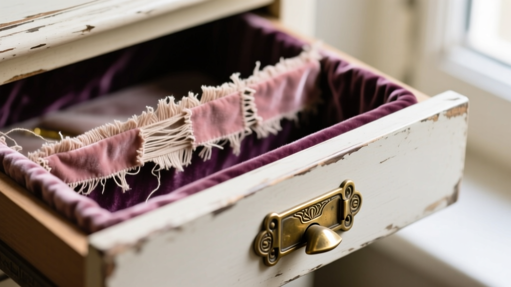 Close-up of worn polyester velvet lining inside a vintage jewelry drawer showing fraying edges and faded fabric near a brass hinge