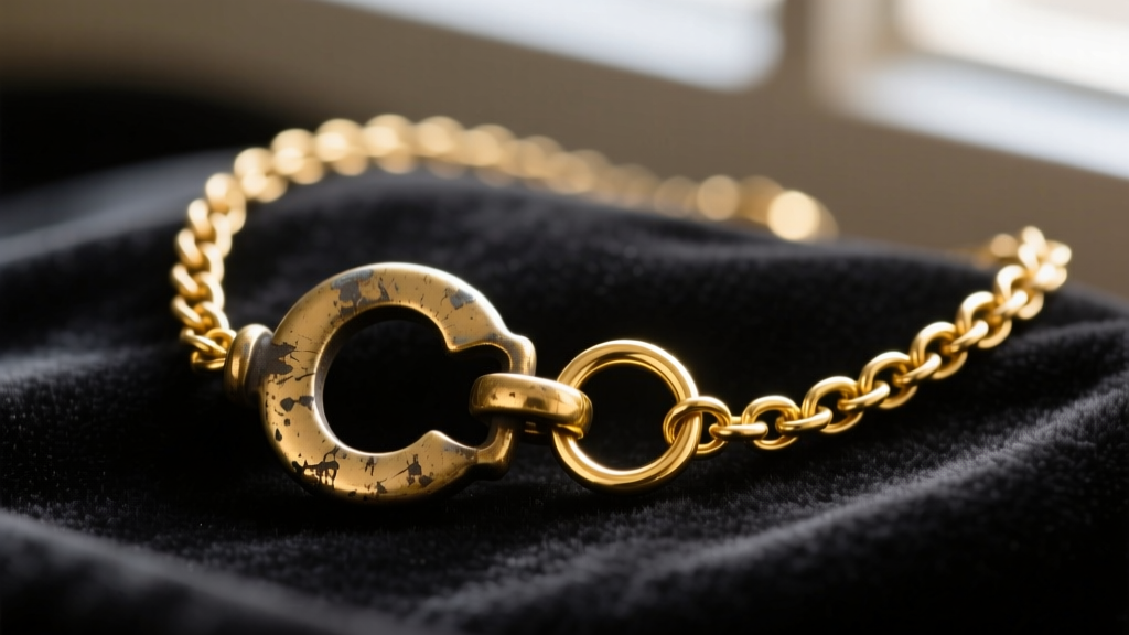 Close-up of a worn antique C-clasp and thin 9k gold jump ring on a Victorian belcher chain necklace resting on dark velvet.