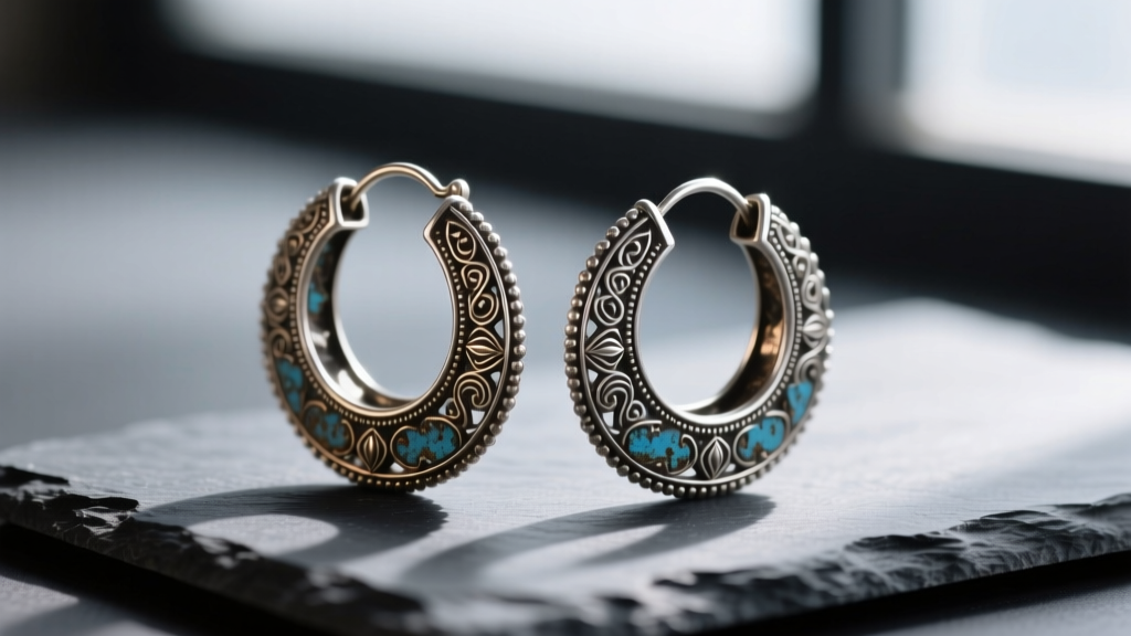 Macro shot of oxidized Indian silver hoop earrings with Tarkashi filigree on dark slate under dramatic side lighting.