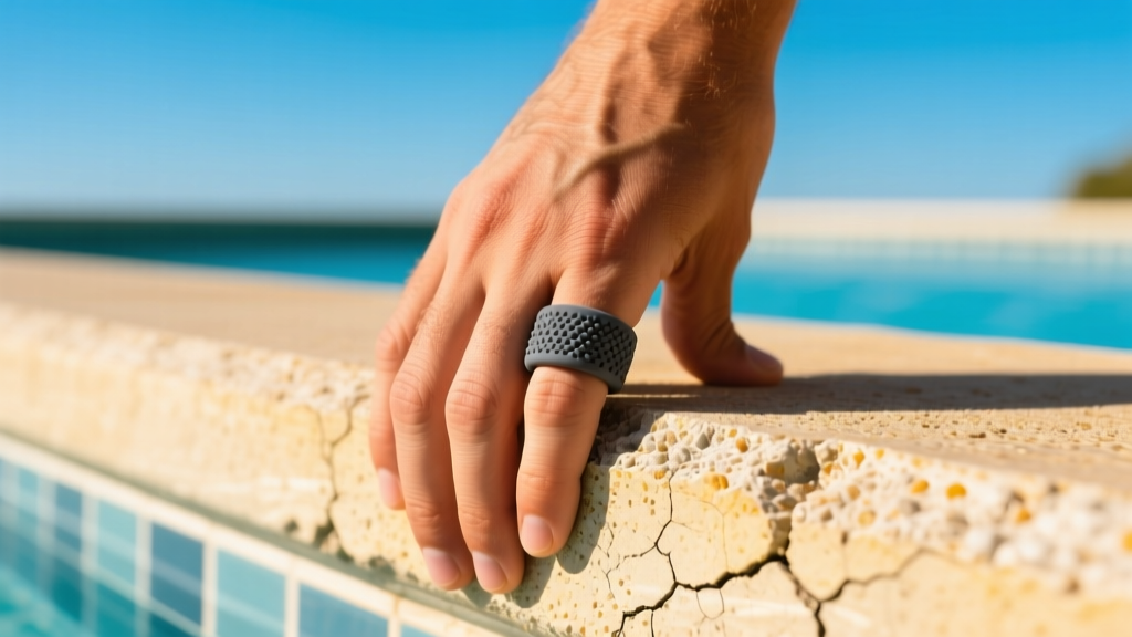 A hand wearing a textured dark grey silicone ring, gripping the rough edge of a concrete pool on a bright and sunny summer day.