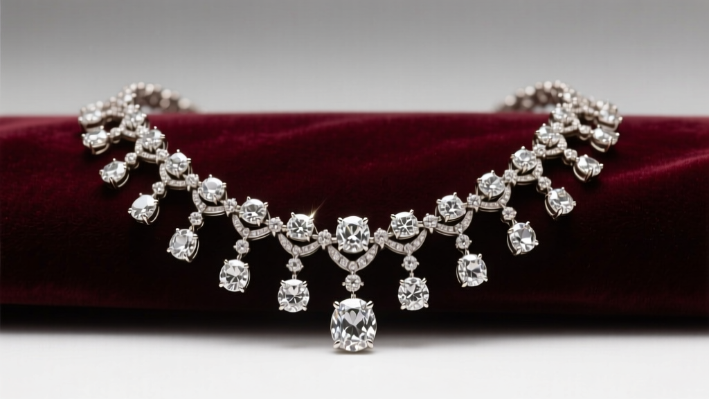 Antique diamond festoon necklace on velvet, showing complex platinum prong settings and Old European cuts under soft studio light