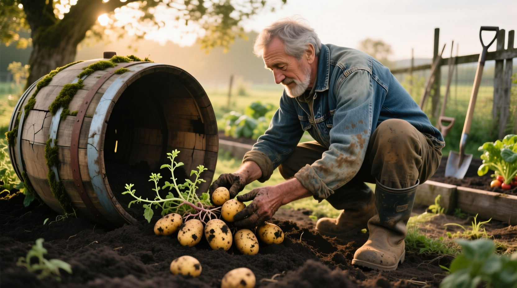 Gardener harvesting potatoes from barrel container