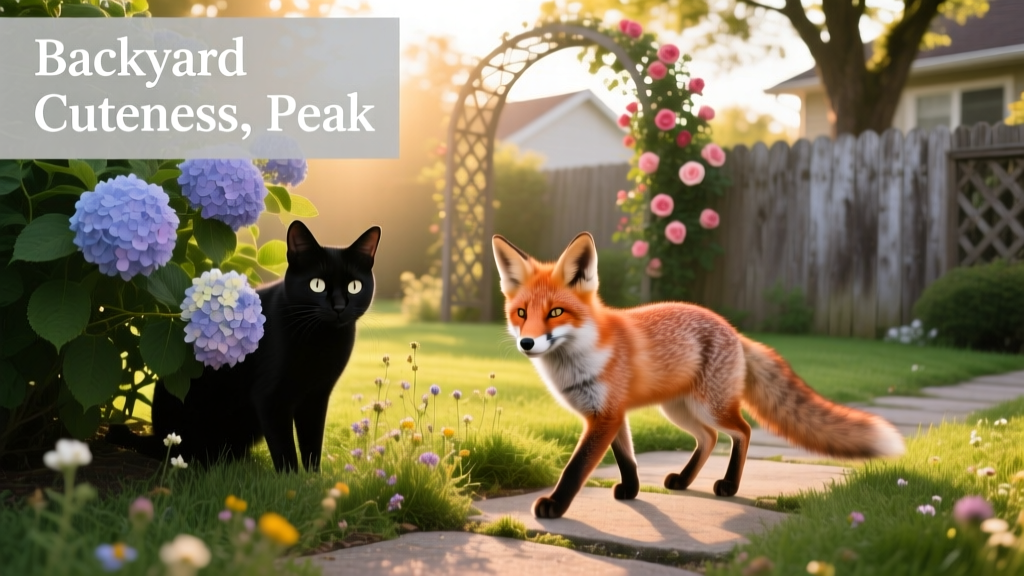 Black Cat and Fox Playing Hide-and-Seek in a Garden Is Peak Backyard Cuteness