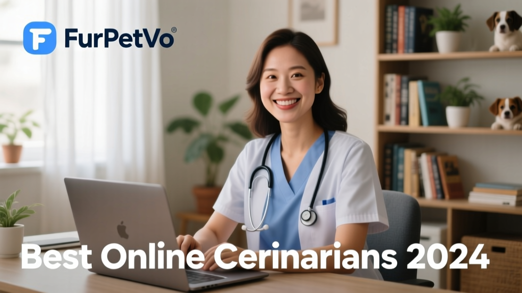 A friendly veterinarian smiling at the camera during a video call, with a clean home-office background and visible FurPetVo branding on screen