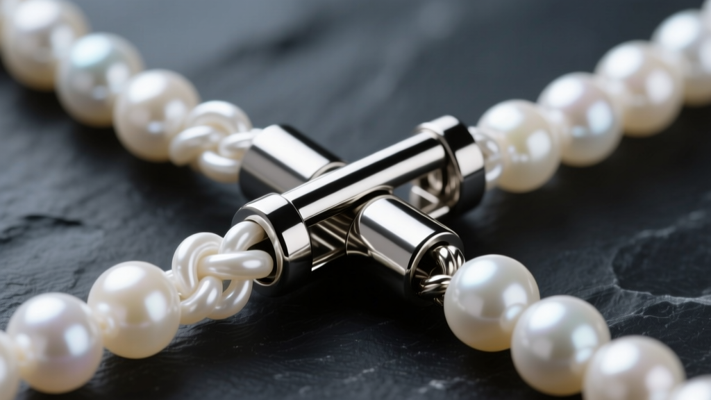 Macro close-up of a titanium magnetic barrel clasp connecting two strands of knotted white pearls on a dark slate background