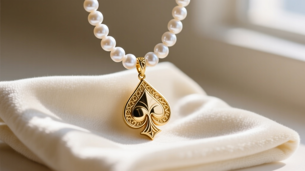 Close-up of a jewelry cloth gently wiping a gold-plated spade pendant attached to a delicate simulated pearl strand necklace