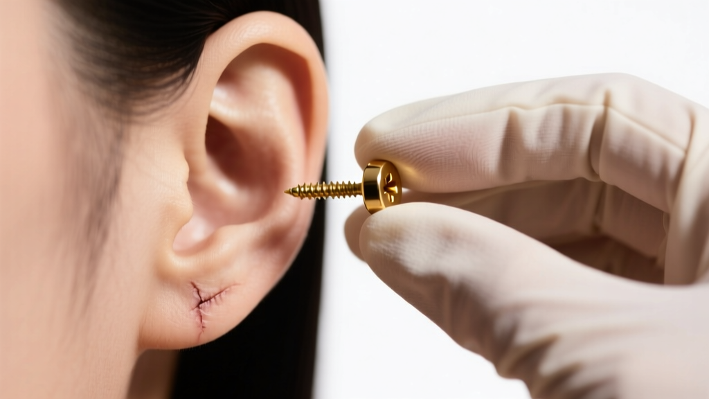 Close-up of gloved hands gently unscrewing a 14k gold screw-back earring from a healed earlobe under soft, warm studio lighting