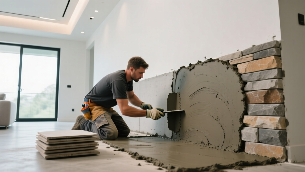 Mason troweling scratch coat mortar onto cement board to prepare for a stacked stone veneer accent wall in a modern living room.