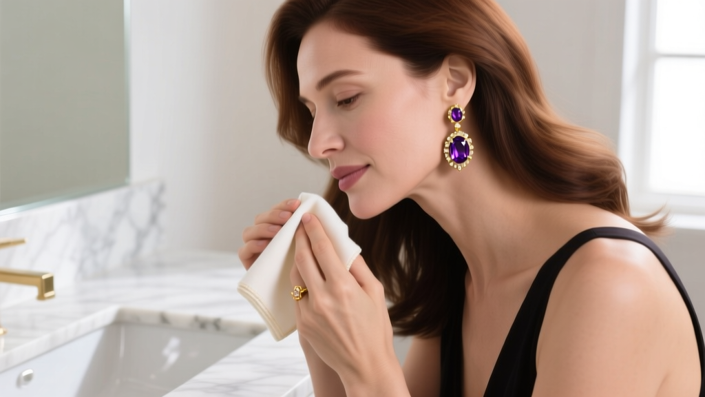 A woman gently wiping a pair of amethyst and gold dangle earrings with a microfiber cloth over a white marble vanity