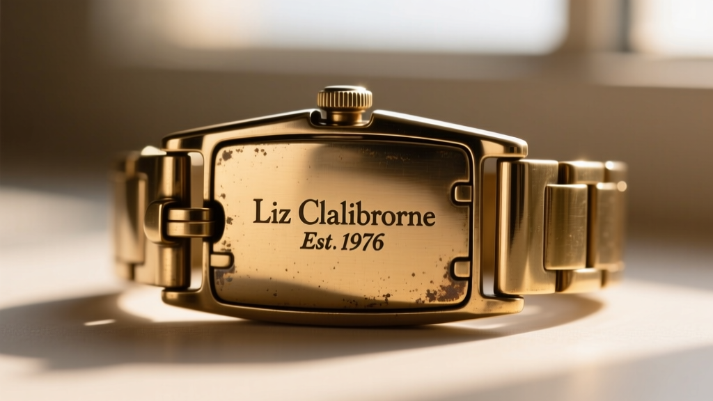 Extreme macro close-up of a vintage Liz Claiborne fold-over clasp showing the engraved Est 1976 hallmark signature on the back