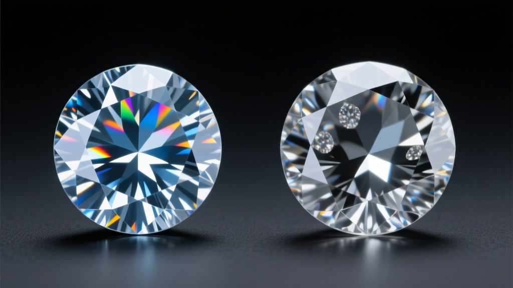 Close-up macro shot comparing a flawless DEF moissanite stone and a natural diamond side-by-side under professional gem lighting