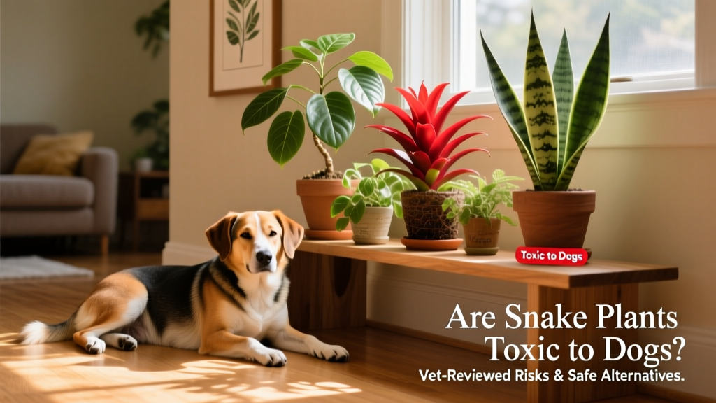A dog calmly resting beside a shelf holding several non-toxic houseplants, including a money tree and bromeliad