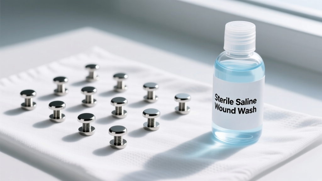 Flat lay of implant-grade titanium threadless studs next to a bottle of sterile saline wound wash on a clean medical drape.