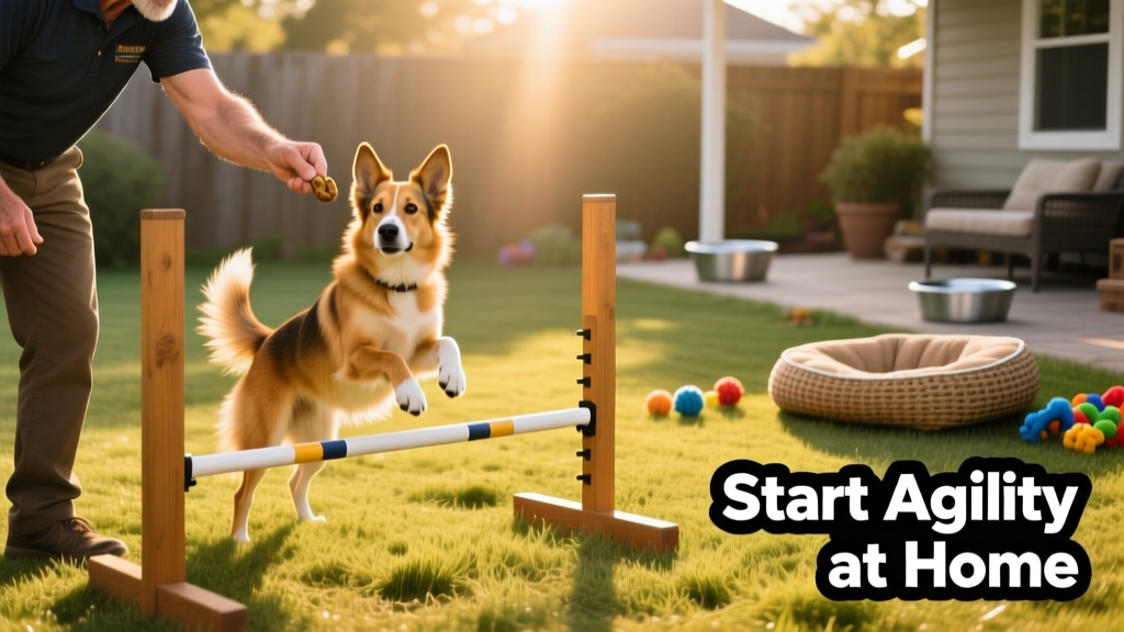 A trainer holding a treat near a low jump bar while a dog watches intently