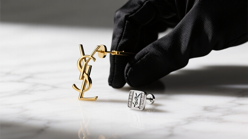 Vintage heavy YSL clip-on earring and modern post-back stud side-by-side on white marble surface with a jeweler's loupe