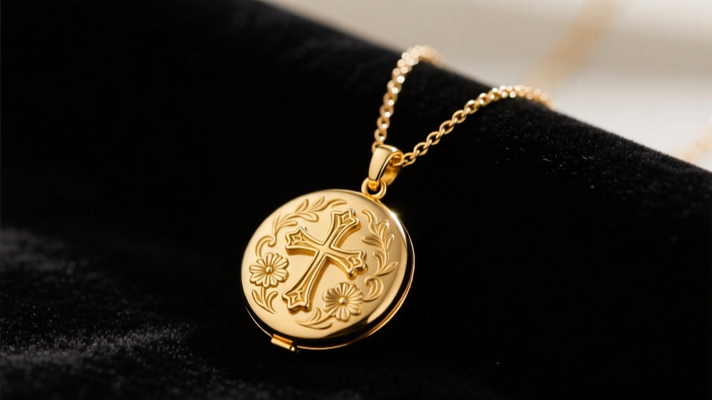 A polished 14k yellow gold locket cross necklace on dark velvet, featuring intricate floral engraving and a delicate cable chain.