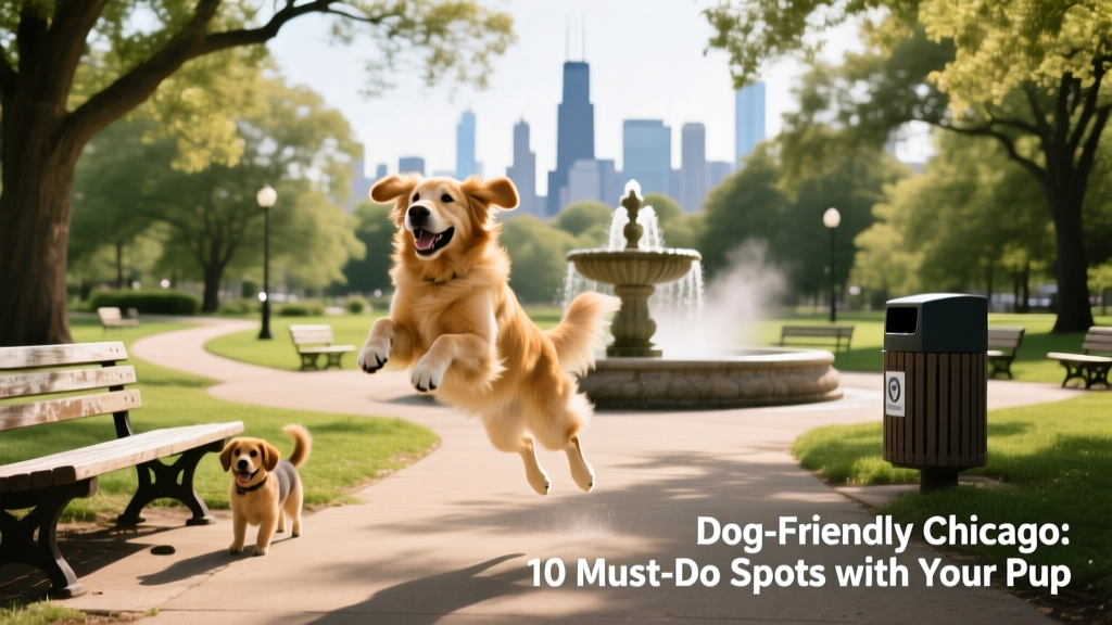 A dog plays joyfully in a shaded, well-maintained Chicago dog park with seating and water features