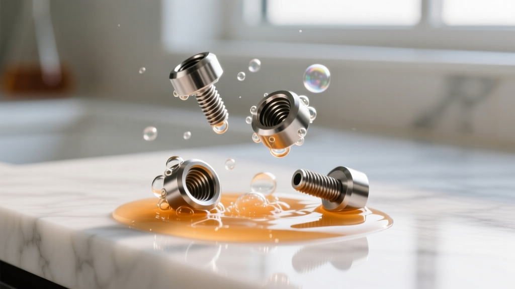 Ultrasonic cleaner vibrating internally threaded titanium labret studs and backs in warm soapy water on a clean marble countertop.