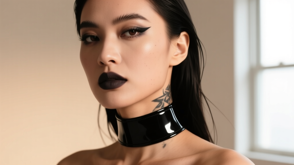 A woman wearing a tight black plastic tattoo choker, highlighting a grunge aesthetic against a soft neutral studio background