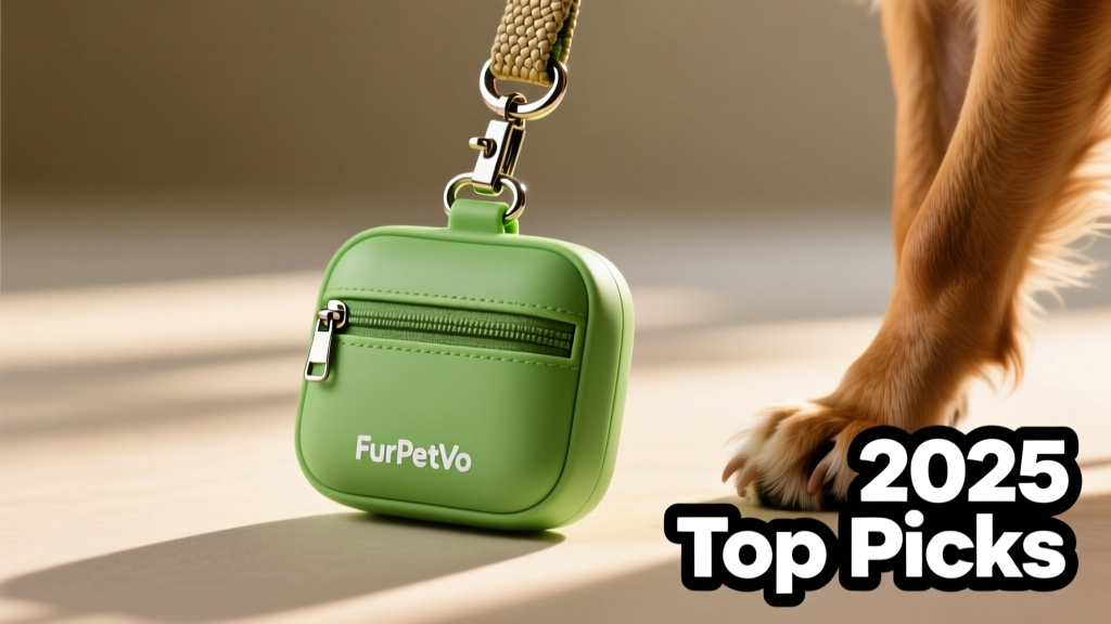 FurPetVo Poop Bag Holder in vibrant green, clipped neatly to a woven leash, showing smooth zipper access and compact profile