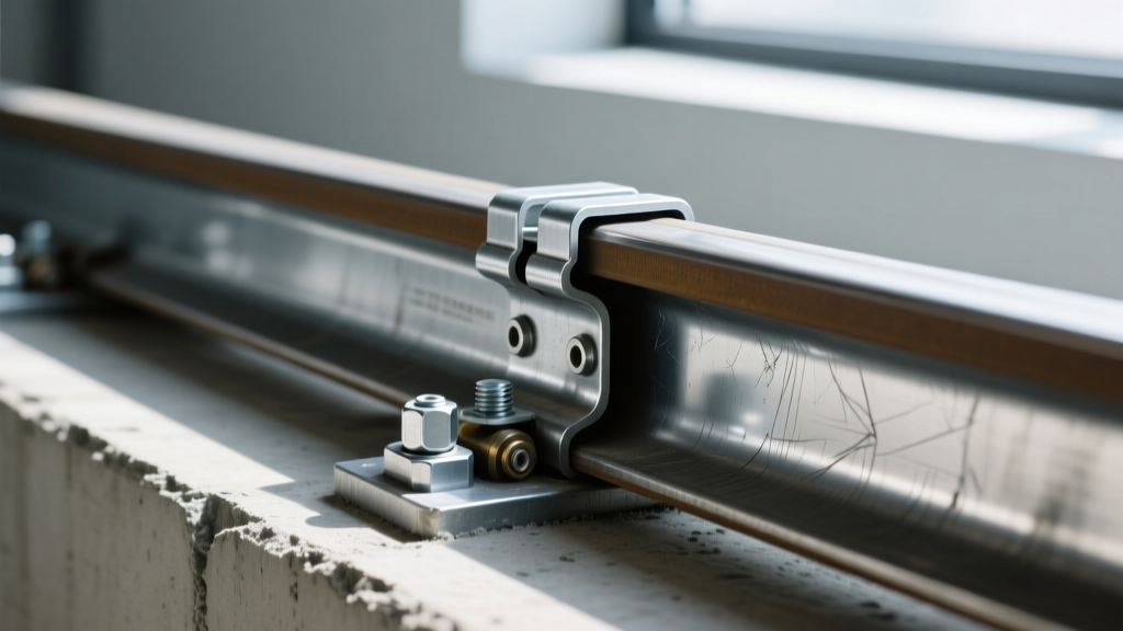 Close-up of galvanized steel track framing secured to concrete with powder-actuated fasteners, showing a slip joint deflection track above