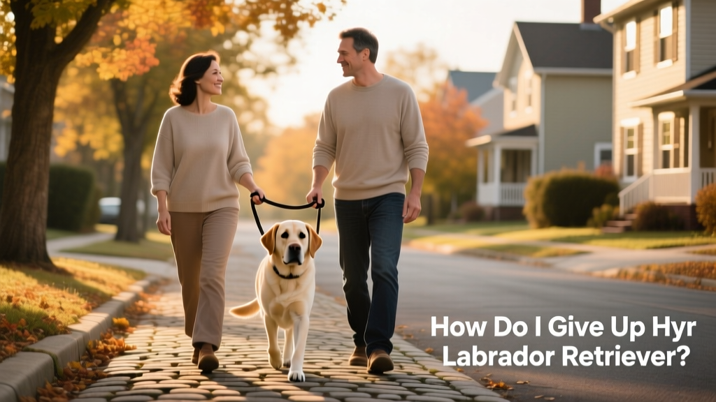 Two people gently holding leashes as a friendly Labrador walks calmly between them on a quiet neighborhood street