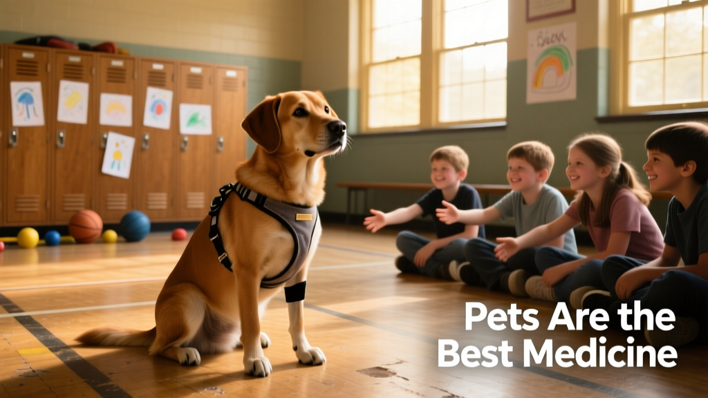 Lucky the three-legged therapy dog sitting in the school gym