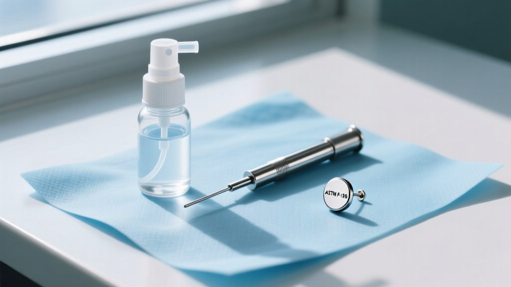 Flat lay of sterile saline spray, a steel insertion taper, and an ASTM F-136 titanium flat-back earring on a blue medical pad.