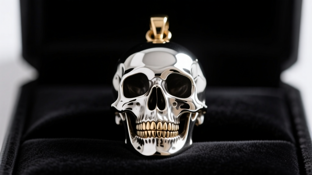 Macro shot of an authentic Alexander McQueen silver brass skull pendant on black velvet, showing deep eye sockets and sharp teeth