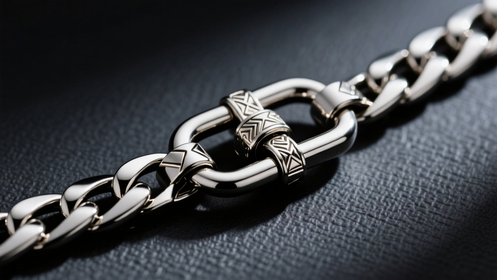 Macro shot of a thick 6mm stainless steel Figaro chain linking into a sturdy lobster clasp against a dark textured background.