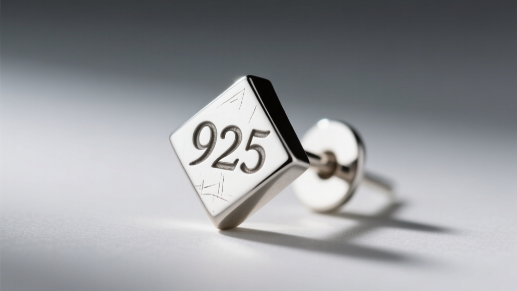 Extreme macro shot of a stamped 925 hallmark and maker mark on the post of a vintage 1990s silver geometric stud earring