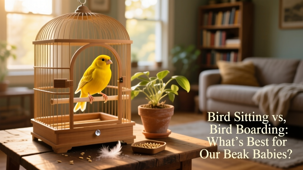 A bright yellow canary sitting calmly at the entrance of its open cage, bathed in natural light