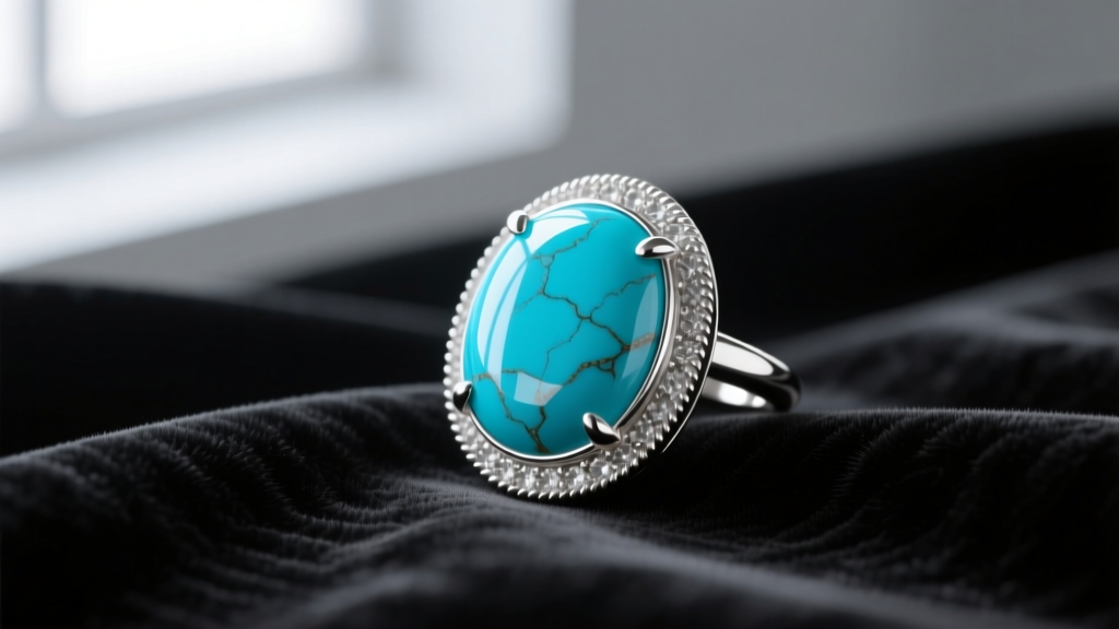 Macro shot of natural Sleeping Beauty turquoise cabochon, no matrix, set in polished sterling silver bezel on black velvet fabric.