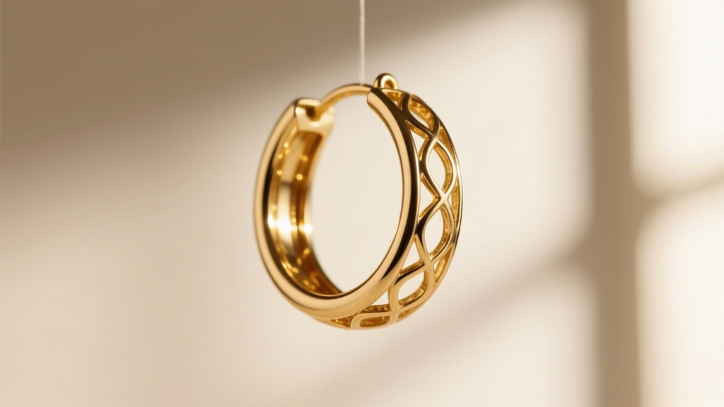 Macro shot of an earring's omega clasp, showing the textured grip pad and thick gold-toned brass hinge against a blurred backdrop.