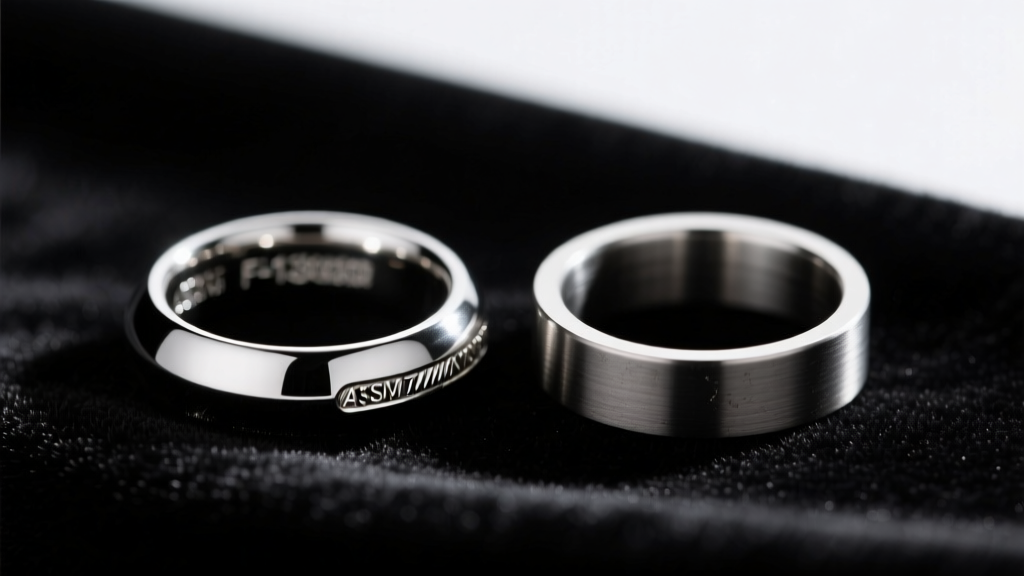 Macro shot comparing a dull surgical steel ring next to a polished ASTM F-136 titanium clicker on a dark velvet surface