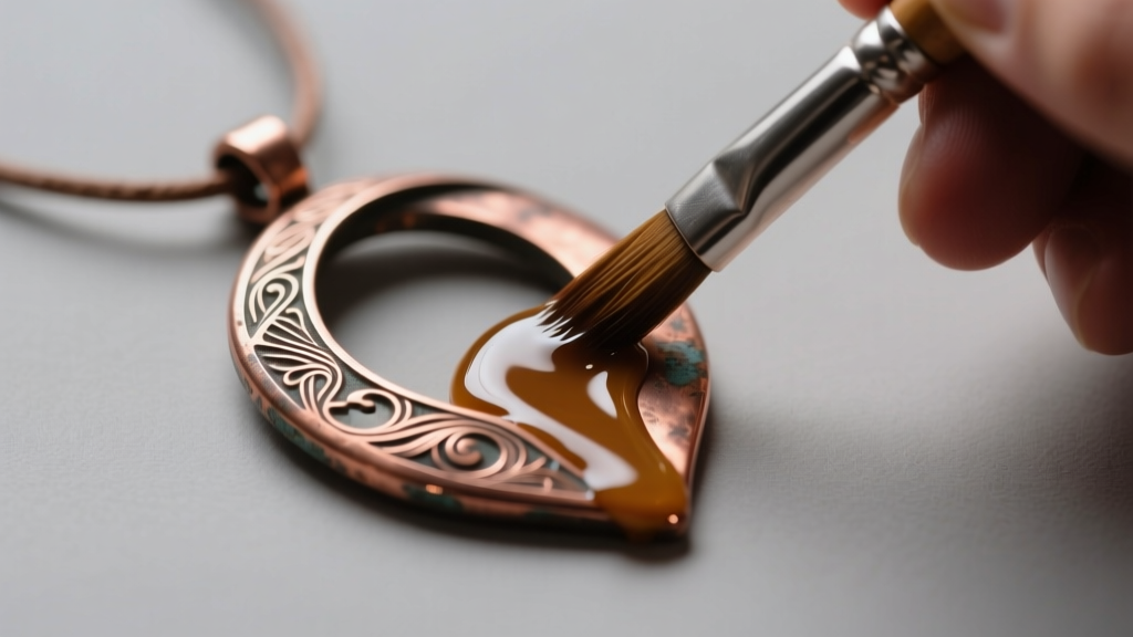 Brush applying protective wax to a copper pendant under soft studio lighting, highlighting the detailed metallic surface texture.
